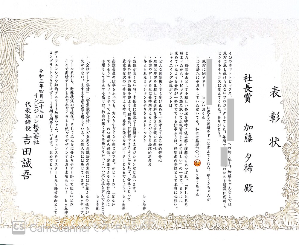 おダシ屋流 表彰状 13期4q Invision インビジョン株式会社 火種を炎に